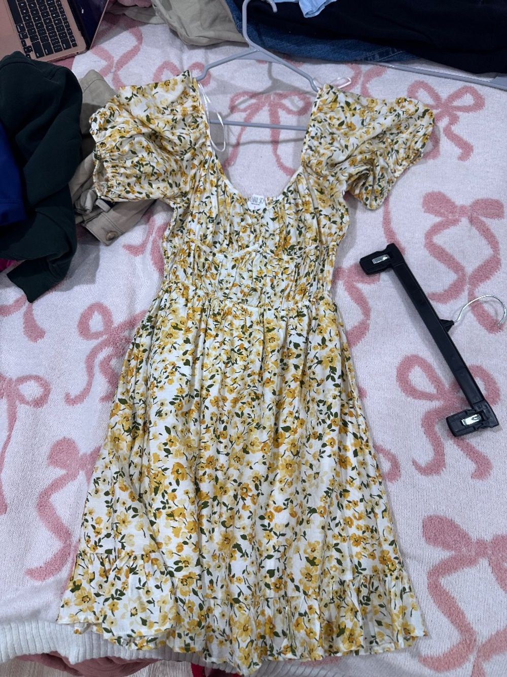 Sienna Sky Yellow Floral Puff Sleeve Mini Dress Size Small Cottagecore